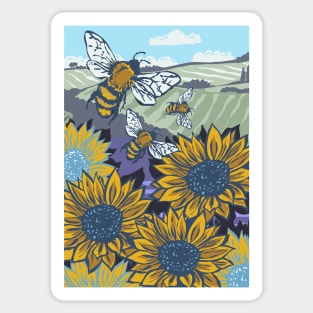 Oxfordshire Sunflowers and Honey Bees Linoprint Sticker